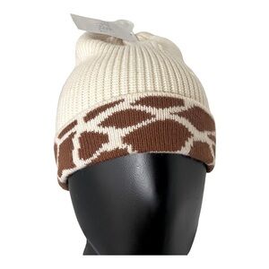 Women's/Girls Time And Tru Knit Animal Print Beanie Hat Cream Beige/Brown Sz OS